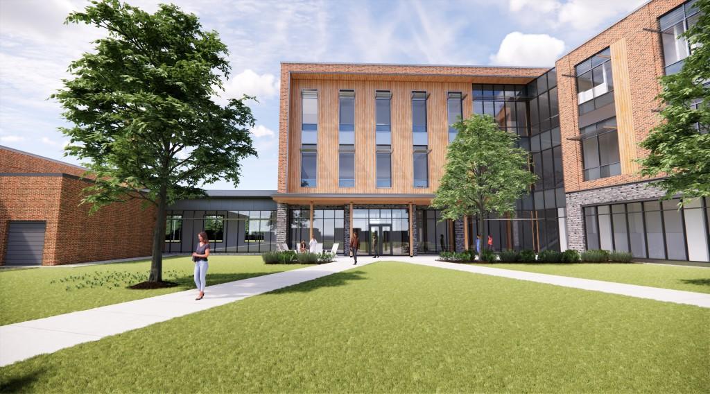 A rendering of the exterior of the upcoming C O M building on the Portland Campus